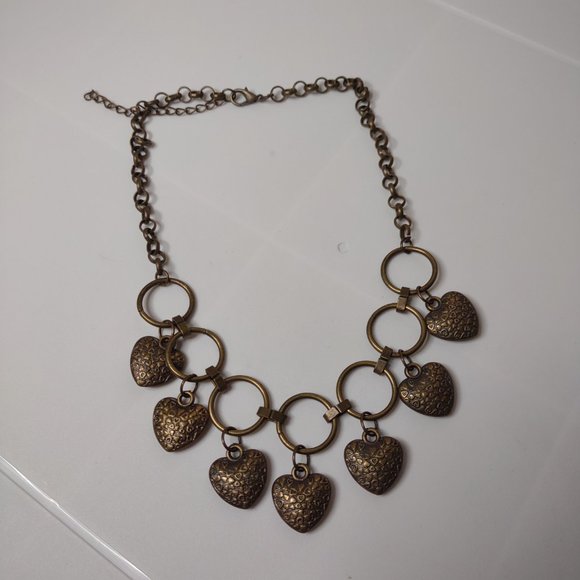 Dark Gold Tone Dangling Hearts Necklace Adjustable 17.5 To 19 Inches Long - Picture 2 of 10